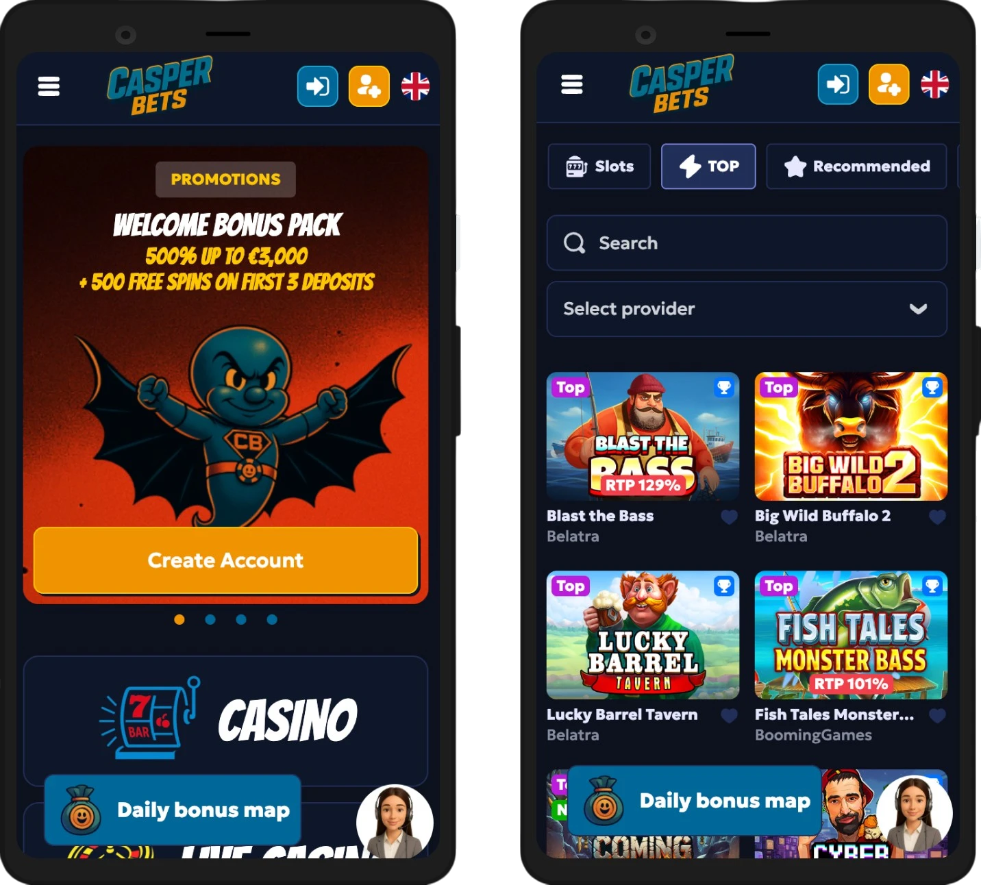 CasperBets Casino mobile app interface for smartphone gaming