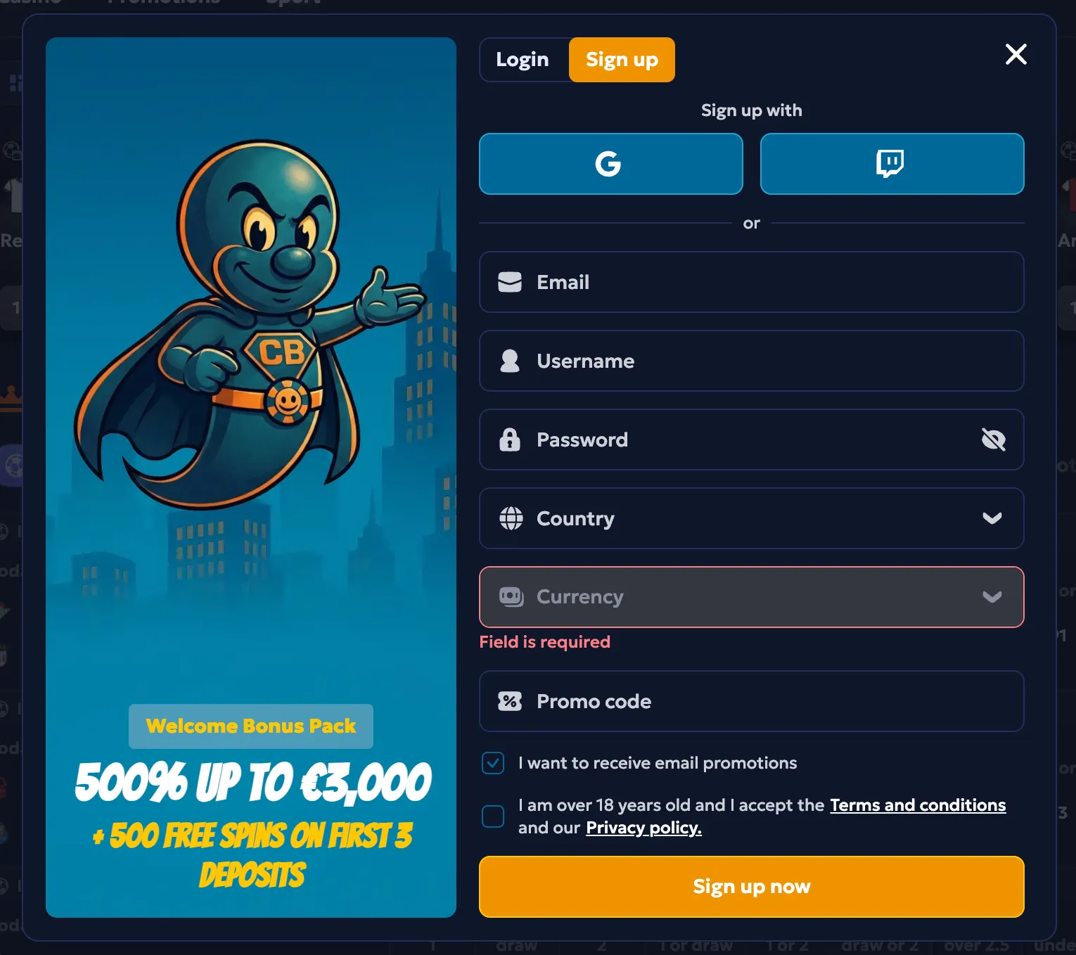 CasperBets Casino sign up and account registration form