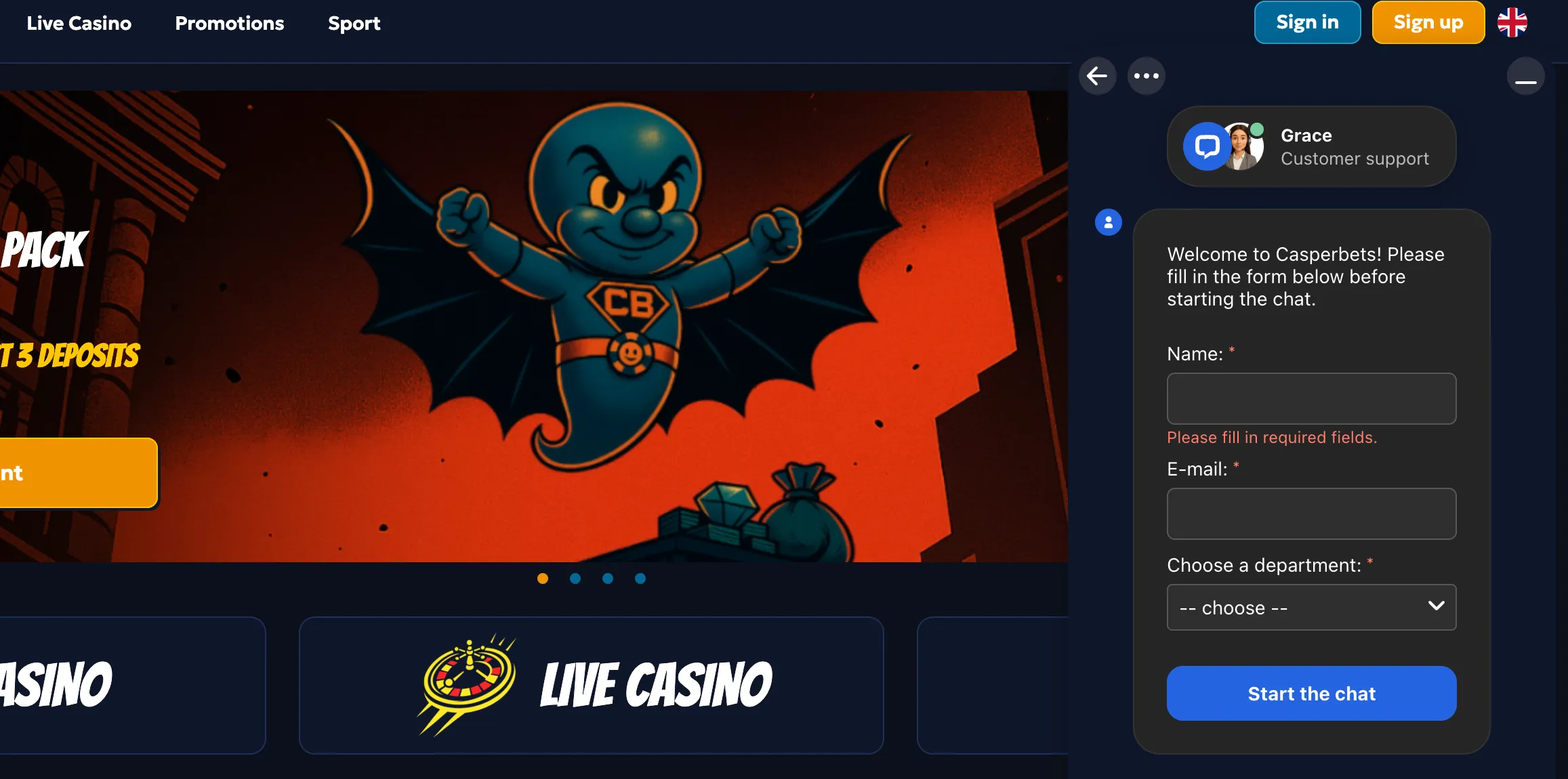 Customer support service and help center at CasperBets Casino